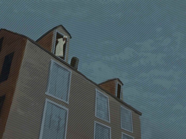 a still from the animated short Anna shows a woman stepping out of a third story window 